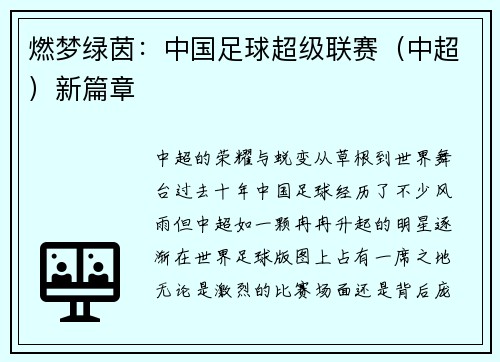 燃梦绿茵：中国足球超级联赛（中超）新篇章