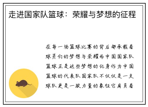 走进国家队篮球：荣耀与梦想的征程