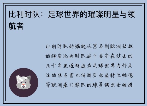 比利时队：足球世界的璀璨明星与领航者