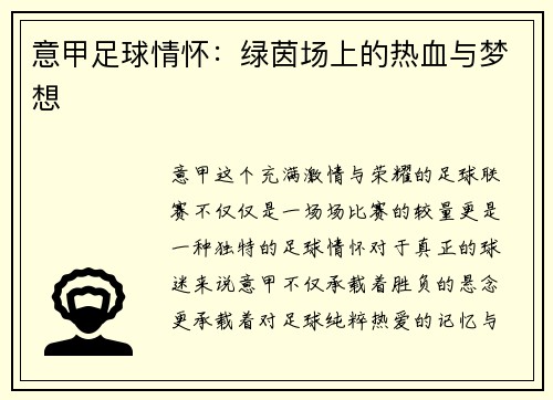 意甲足球情怀：绿茵场上的热血与梦想