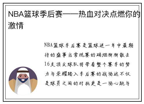 NBA篮球季后赛——热血对决点燃你的激情