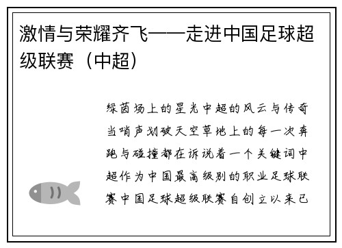 激情与荣耀齐飞——走进中国足球超级联赛（中超）